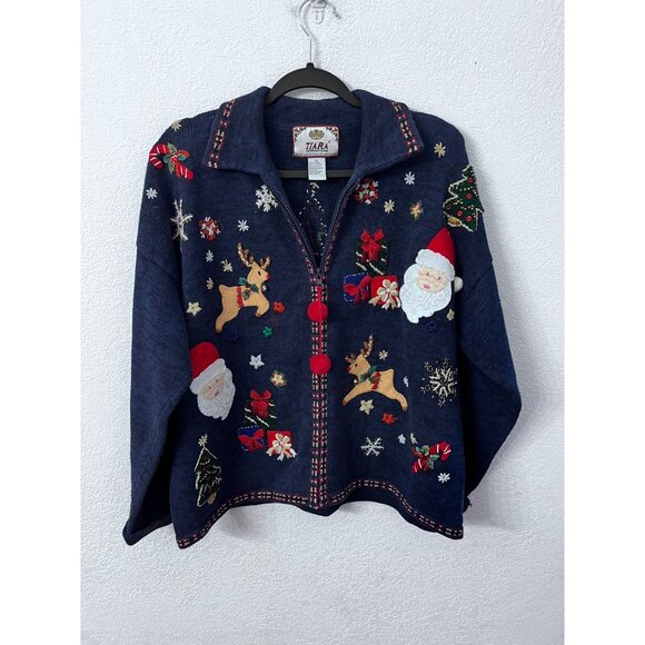 Tiara International Christmas Cardigan Sweater With Santa & Reindeer Design wome - Picture 1 of 8